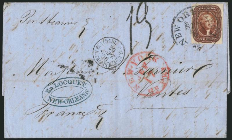 5c Red Brown (12).> Large even margins all around, tied by New Orleans La. Sep. 3 circular datestamp on 1856 blue folded letter <to Nantes, France,> red New-York Br. Pkt. Sep. 17 transit datestamp, appropriate
French transits incl. 13 decimes d