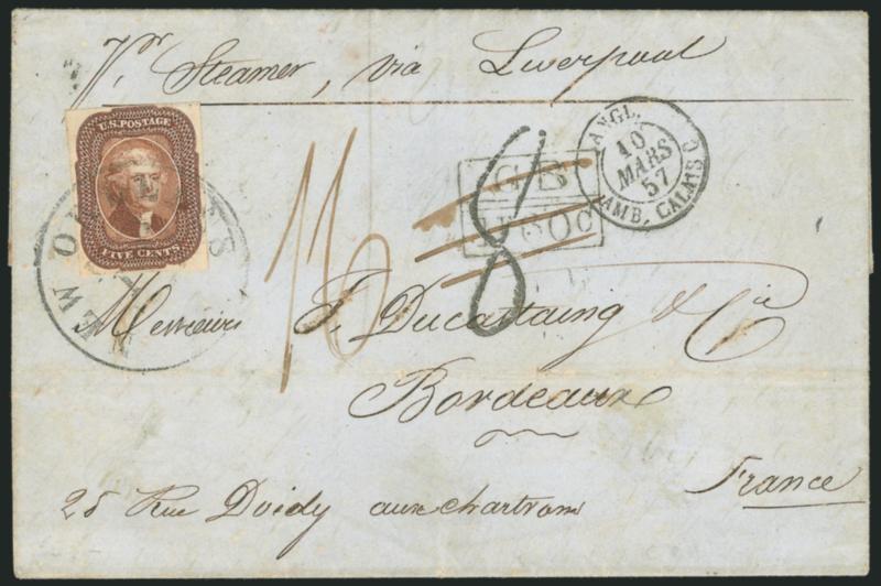 5c Red Brown (12).> Relief A from the top row of the plate, large margins to clear, tied by New Orleans La. Feb. 19 circular datestamp on 1857 folded letter <to Bordeaux, France,> clear strike of GB1F60c
Anglo-French accountancy marking, Boston