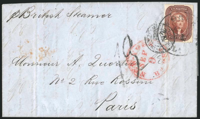 5c Red Brown (12).> Large even margins all around, tied by New Orleans La. Aug. 31 circular datestamp on blue 1856 folded letter <to Paris, France,> red New-York Br. Pkt. Sep. 9 transit circular datestamp,
French transit also ties stamp, 13 dec