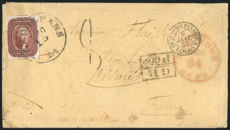 5c Red Brown (12).> Large to huge margins incl. part of adjoining stamps at top and bottom, tied by New Orleans La. Dec. 15 circular datestamp on 1857 cover <to Nimes, France,> red New-York Br. Pkt. Dec. 24
transit datestamp, boxed GB1F60c Ang