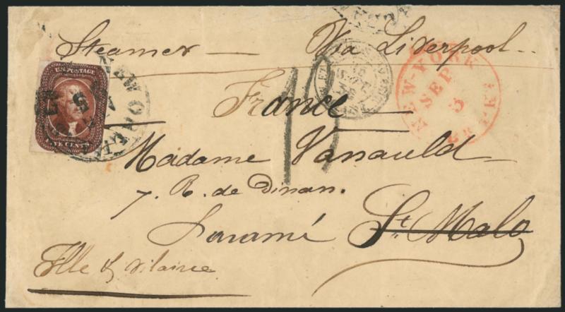 5c Red Brown (12).> Large margins to in, tied by New Orleans La. Aug. 25 circular datestamp on 1856 cover <to France,> red New-York Br. Pkt. Sep. 3 transit datestamp, French 13 decimes due handstamp and
appropriate transits, some edgewear, Fine