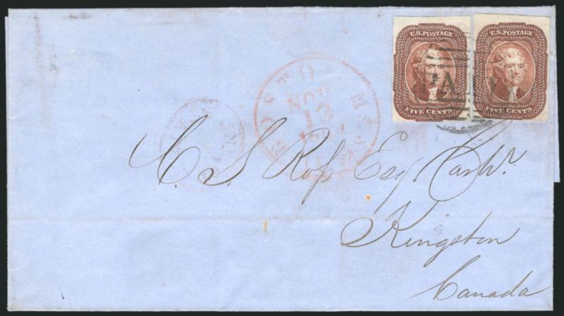 5c Red Brown (12).> Two, huge margins to in at bottom incl. <sheet margin at top,> tied by large Paid grid, red Boston Ms. 10cts. Nov. 13 integral-rate circular datestamp on blue 1856 folded cover <to
Kingston, Canada,> red United States oval h