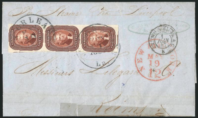 5c Red Brown (12).> Positions 31323R1, vertical strip of three, <bottom stamp with defective transfer,> large margins to just touched incl. part of adjoining stamp at bottom, tied by New Orleans La. May 10,
1857 circular datestamps on blue folded