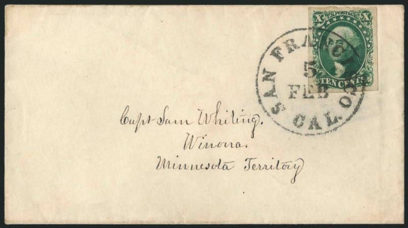 10c Green, Ty. II (14).> Large even margins all around, rich color, tied by well-struck San Francisco Cal. 5 Feb. circular datestamp on cover <to Winona, Minnesota Territory,> with original enclosure (undated)
with handwritten valentine poem, Extre