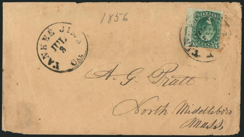 10c Green, Ty. III (15).> Position 70R1, large margins to in incl. <sheet margin with part imprint at right,> affixed upside down and tied by Yankee Jims Cal. Jul. 3 circular datestamp on buff cover to North
Middleboro Mass., pencil 1856 at top,