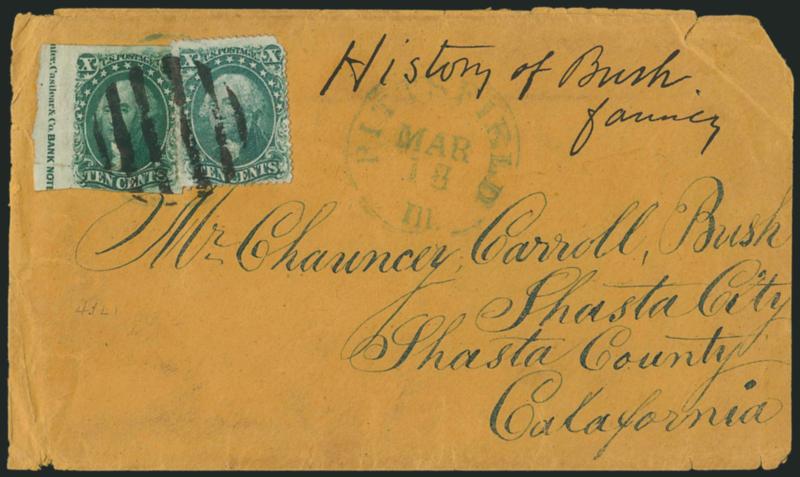 10c Green, Ty. III (15).> Position 41L1, large margins to in incl. <part imprint at left,> rich color, used with <10c Green, Ty. II (32)> and tied by large open grid, blue Pittsfield Ill. Mar. 18 circular
datestamp on orange cover to Shasta City Ca