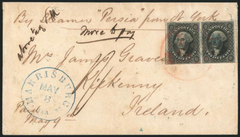 12c Black (17).> Horizontal pair, large margins to clear incl. <sheet margin at right> and part of adjoining stamp at left, lightly cancelled in blue, matching Harrisburgh Pa. May 8 circular datestamp on cover
<to Kilkenny, Ireland,> pair tied by r