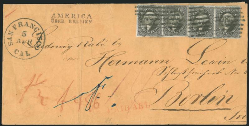 12c Black (17).> Two horizontal pairs, large margins to just in, cancelled by open grids, San Francisco Cal. 5 Apr. circular datestamp on legal-size cover <to Berlin, Germany,> neat America Uber Bremen and red
Paid All handstamps, stamps are fa