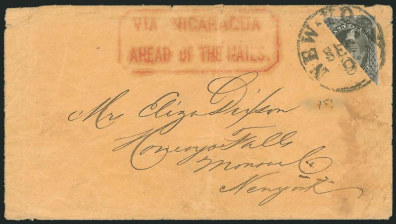 12c Black, Diagonal Half Used as 6c (17a).> Lower left diagonal half with ample margins, tied across all sides by bold New-York Sep. 9 circular datestamp on buff cover from San Francisco to Honeoye Falls N.Y.,
bold red <Via NicaraguaAhead of the