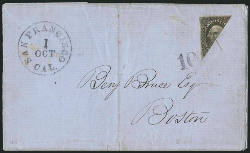 12c Black, Diagonal Half Used as 6c (17a).> Top left half, tied by neat penstrokes on blue 1853 folded letter to Boston, well-struck San Francisco Cal. Oct. 1 circular datestamp and 10 due handstamp, some wear
and edge separation and splitting, i