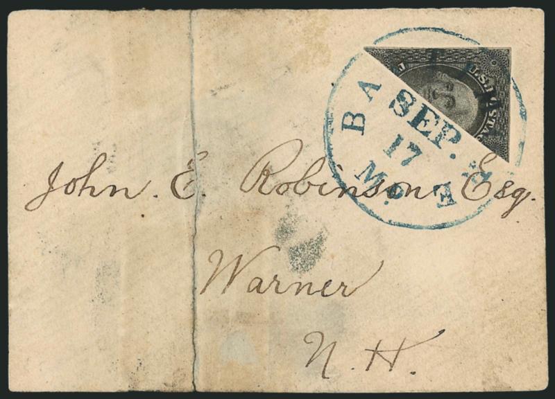 12c Black, Diagonal Half Used as 6c (17a).> Top left diagonal half, margins to just in, tied by <blue> Baltimore Md. Sep. 17 circular datestamp on part of cover front only to Warner N.H., some wear incl. part
of front severed and rejoined by hinges