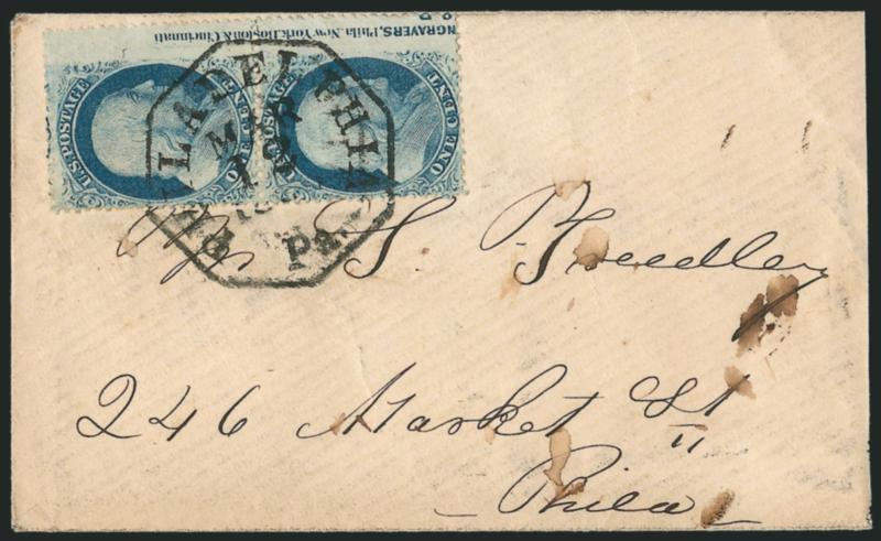 1c Blue, Ty. V (24).> Positions 4050R8, vertical pair with part <captured imprint and 8 P of plate no.> at right, tied by Philadelphia Pa. Mar. 12 18? octagonal datestamp on small local cover, backflap tear,
otherwise Very Fine, desirable with t