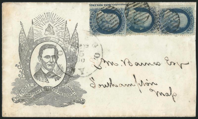 1c Blue, Ty. V (24).> Three singles, one is Position 41L9 with <part of captured imprint at left with Carpenterar>, tied by grids, matching Oswego N.Y. Sep. 25, 1860 circular datestamp on eardless Lincoln
campaign cover> to Southampton Mass., s