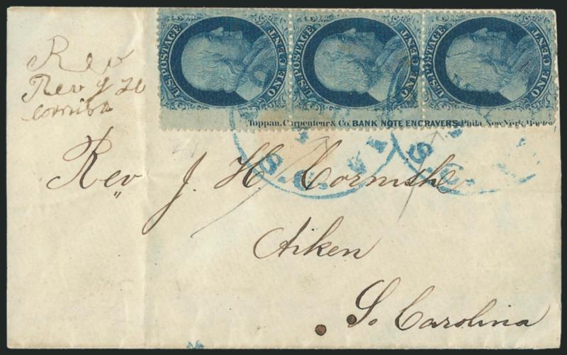 1c Blue, Ty. V (24).> Positions 314151L10, vertical strip of three with <captured imprint at left with Carpenterar,> tied by <blue> Columbia S.C. Mar. 4 circular datestamps on cover to Aiken S.C., slightly
reduced at left, some central soiling