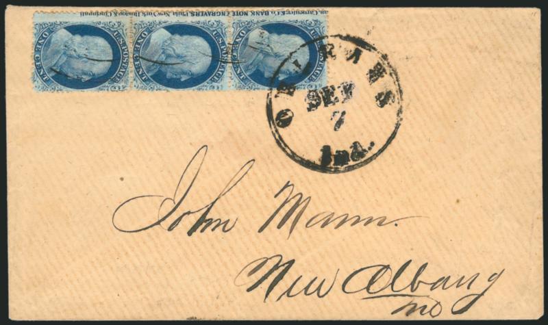 1c Blue, Ty. V (24).> Three items on exhibit pages, incl. single Position 50R8 on carrier use cover, second item is vertical strip of three, Positions 415161L8 with captured imprint from Orleans Ind. to New
Alban O., last bears two singles, Positio