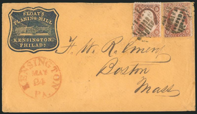 3c Dull Red, Ty. III (26).> Two, tied by grids, red Kensington Pa. May 24 circular datestamp on cover to Boston with <planing mills blue cameo corner card with illustration of planing mill,> missing part of
top flap, stamps with small flaws, appea