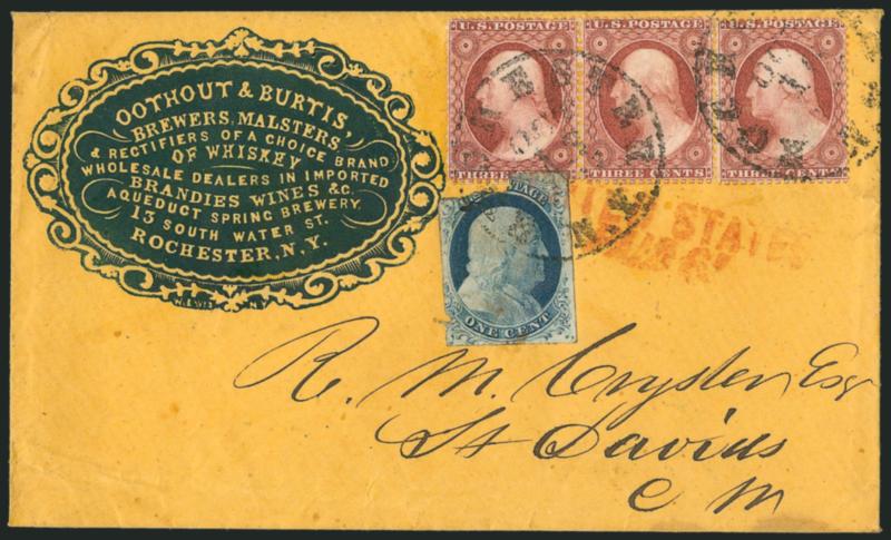 3c Rose, Ty. I (25).> Horizontal strip of three, rounded corner at top right, bright color, <used with 1c Blue, Ty. IV (9),> torn prior to use, tied by Rochester N.Y. Oct. 19 circular datestamps on 1857 orange
cover with blue <brewers embossed cam