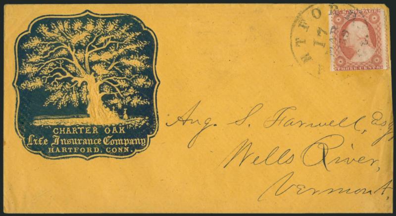 3c Dull Red, Ty. III (26).> Brilliant color, scissors-separated with intact perfs at sides and s.e. at bottom, tied by Hartford Ct. 17 Mar. 1859 circular datestamp on <Charter Oak Life Insurance Co. blue
illustrated cameo corner card> cover to Well
