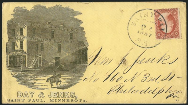 3c Dull Red, Ty. III (26).> Bright color, tied by Saint Paul M.T. Oct. 21, 1857 circular datestamp on yellow cover with <Day & Jenks of St. Paul Minn. illustrated corner card> to Philadelphia, trivial
edgewear, Very Fine, a gorgeous design and a wo