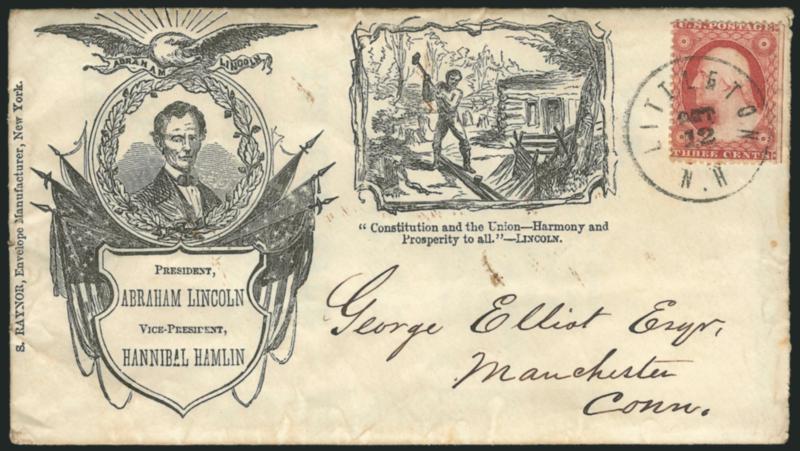 3c Dull Red, Ty. III (26).> Bright shade, tied by Littleton N.H. Oct. 12 (1861) circular datestamp on cover to Manchester Conn. with <beardless Lincoln portrait, railsplitter scene and verse,> Raynor imprint
at left, enclosed letter written on back