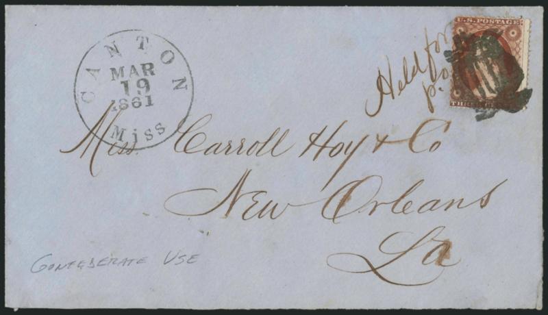 3c Dull Red, Ty. III (26).> Tied by <Lyre fancy cancel,> matching Canton Miss. Mar. 19, 1861 circular datestamp on blue cover to New Orleans, usual small filing holes, Very Fine <Confederate State> use and a
beautiful strike of this desirable fancy