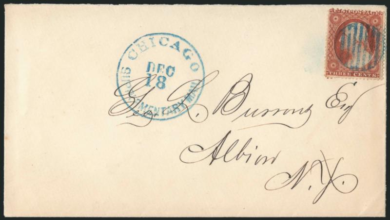 3c Dull Red, Ty. III (26).> Rich color, tied by <blue> grid, matching <Chicago Supplementary Mail, Dec. 18> circular datestamp on cover to Albion N.Y., fresh and Very Fine