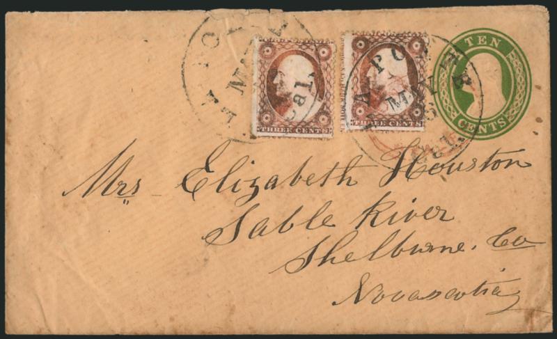 3c Dull Red, Ty. III (26).> Two singles, oxidized, one is Position 41L from an unidentified plate (either 13 or 17) and with <chin flaw,> tied by La Porte Cal. May 16 circular datestamps on 10c Green on Buff
Nesbitt entire (U16) <to Sable River,