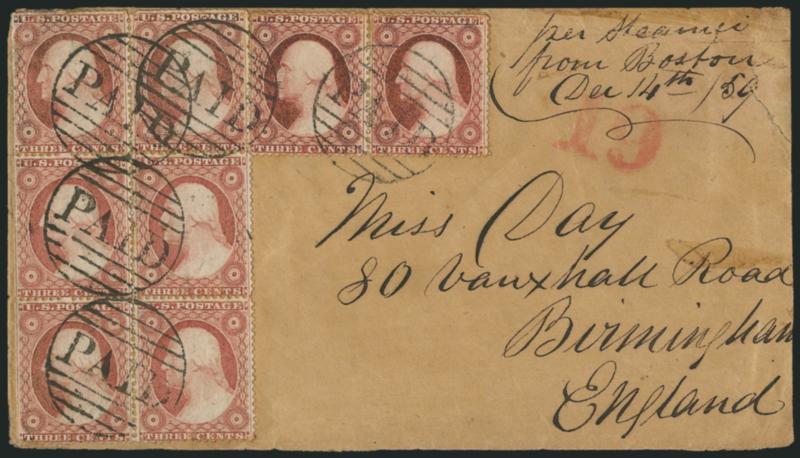 3c Dull Red, Ty. III (26).> Block of six and pair, the block natural s.e. at left, rich colors, few small flaws, tied by large Paid grids, Boston Br. Pkt. Dec. 14 backstamp on buff 1859 cover <to Birmingham,
England,> red 19 credit to England,