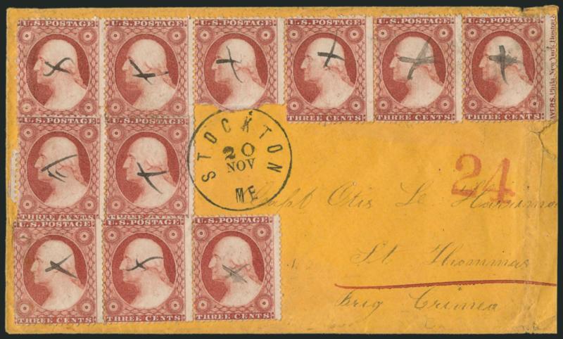 3c Dull Red, Ty. III (26).> Horizontal strip of six, Positions 45-50R24 with <part captured imprint at right,> also strip of three and pair, each with ms. X, pair tied by Stockton Me. 20 Nov circular datestamp
on 1860 orange cover to the Captain