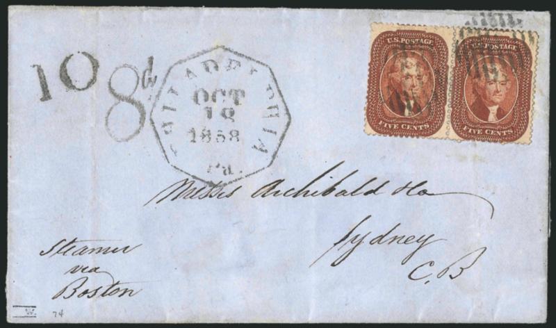 5c Red Brown (28).> Horizontal pair, rich color approaching the Indian Red shade, right stamp with pre-printing paperfold, tied by grids, octagonal Philadelphia Pa. Oct. 18, 1858 datestamp on blue folded cover
<to Sydney, Cape Breton,> 10 handsta