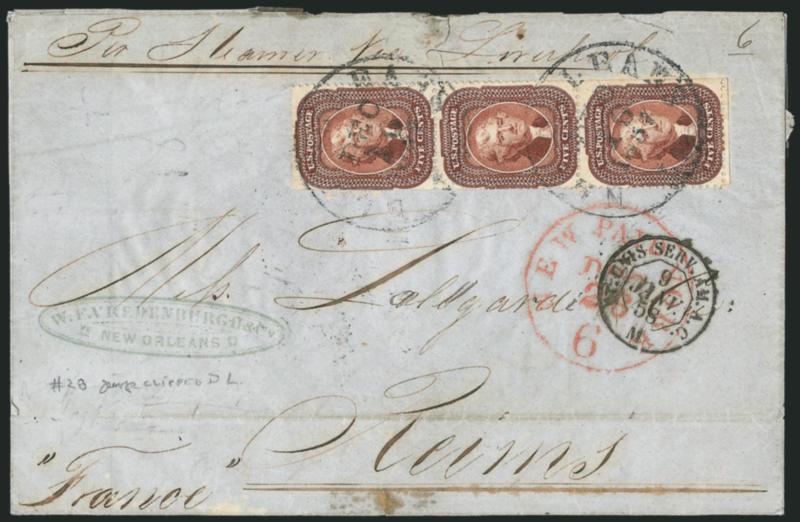 5c Red Brown (28).> Vertical strip of three, perfs scissors-separated causing clipped perfs in some areas, tied by New Orleans La. Dec. 10, 1857 circular datestamp on blue folded letter <to Reims, France,> red
New York 6c credit datestamp, appropri