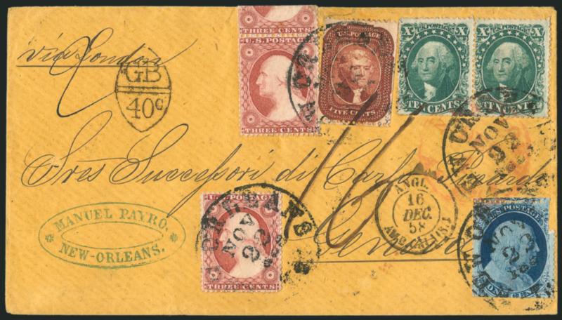 5c Bright Red Brown (28b).> Radiant color, scissors-separated causing s.e. at sides, <used with 1c Blue, Ty. V (24), vertical strip of three and single of 3c Dull Red, Ty. III (26) and horizontal pair of 10c
Green, Ty. II (32),> tied by New Orleans