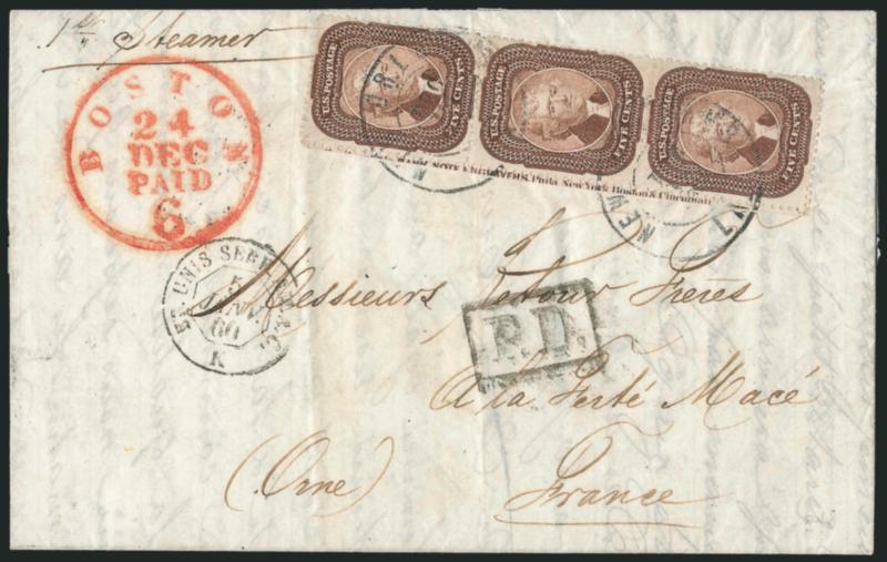 5c Brown (29).> Positions 516171L1, vertical strip of three with perfs intact and part of sheet margin at left showing large part of <(Toppan, Carpenter, Casilear & Co.) ^BANK NOTE ENGRAVERS.^ Phila, New York,
Boston & Cincinnati imprint> from Pl