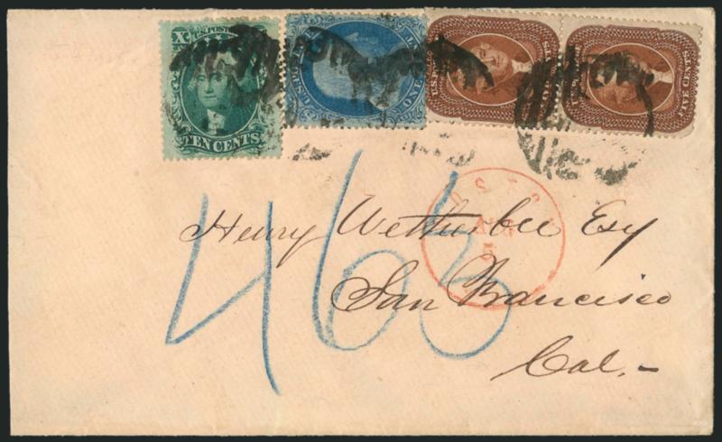 5c Orange Brown, Ty. II (30).> Vertical pair, slightly rounded corner at bottom left, used with <1c Blue, Ty. II (20) and 10c Green, Ty. V (35),> tied by large Paid grids, red Boston Mass. Aug. 5 circular
datestamp on cover to San Francisco, blue