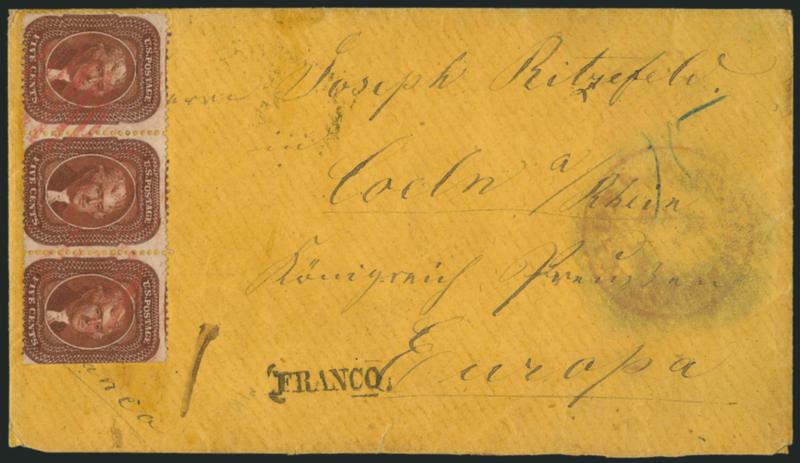 5c Orange Brown, Ty. II (30).> Horizontal strip of three, s.e. at right, tied by red grids, matching blurry strike of New York credit datestamp on orange cover <to Coeln, Germany,> neat Franco handstamp,
transit and receiving backstamps, some overa