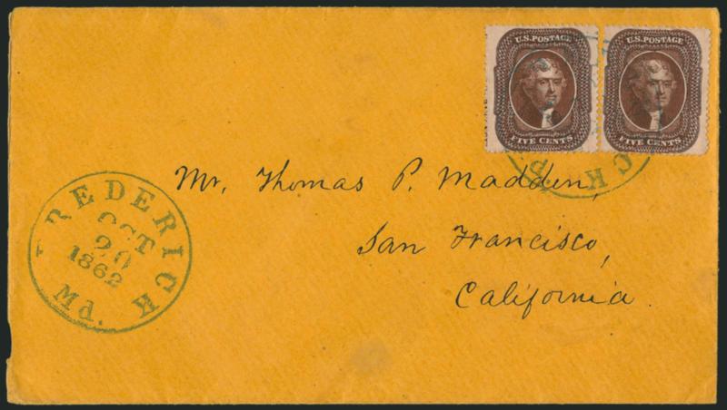5c Brown, Ty. II (30A).> Two singles, left stamp shows <part imprint,> tied by well-struck <blue Frederick Md. Oct. 20, 1862> circular datestamp, second strike at right, on orange cover to San Francisco,
receipt docketing on back confirms 1862 usag