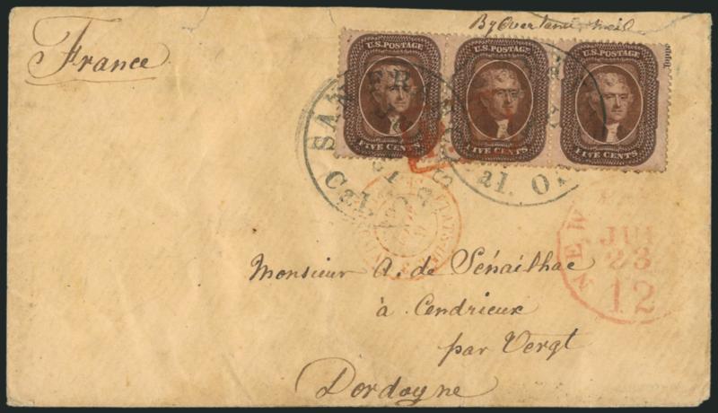 5c Brown, Ty. II (30A).> Positions 68-70R2, horizontal strip of three with part of <captured imprint> at upper right, tied by San Francisco Cal. Jul. 1, 1861 circular datestamps on cover <to Dordogne, France,>
endorsed <y overland mail>> at upp