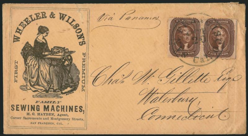 5c Brown, Ty. II (30A).> Horizontal pair with <straddle-pane and centerline margin> at right, tied by neat strike of San Francisco Cal. Oct. 20 circular datestamp on <Wheeler & Wilsons Family Sewing Machines
illustrated> cover to Waterbury Conn.,