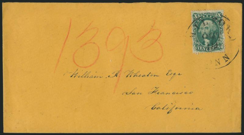 10c Green, Ty. II, III (32, 33).> Two covers each bearing single, Type II tied by Lafayette Ind. Sep. 20, 1859 circular datestamp on cover to San Francisco Type III tied by Milford Conn. Oct. 19 circular
datestamp on orange cover to San Francisc