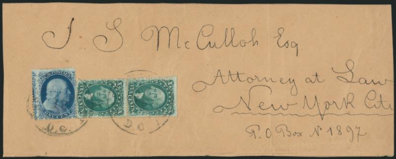 10c Green, Ty. IIIII (3332).> Vertical pair, top stamp Type III, bottom stamp Type II, scissors-separated into top perfs, <used with 1c Blue, Ty. II (22),> tied by Washington D.C. Nov. 18 circular datestamps
on legal-size cover front only to New