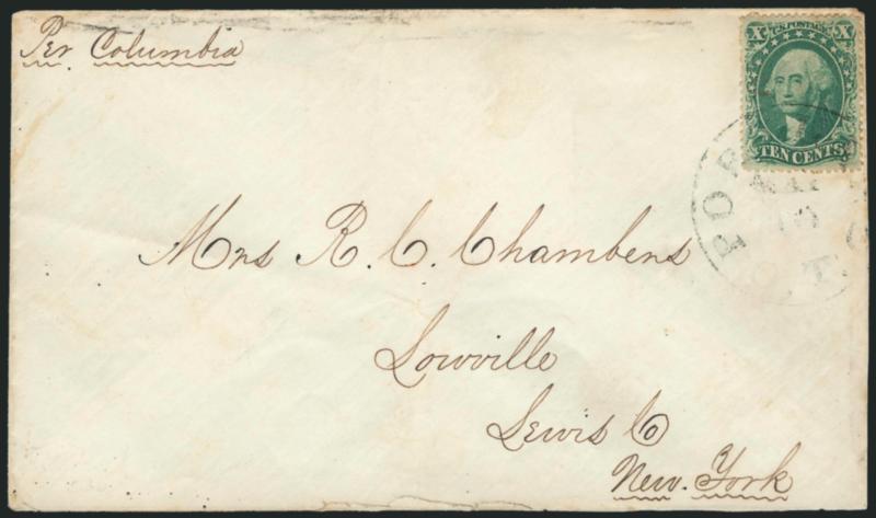 10c Green, Ty. III (33).> Well-centered, negligible toning, tied by <Portland O.T.> circular datestamp on cover to Lowville N.Y., ms. <<per Columbia>> at top left, Very Fine Oregon Territory usage, with 1988
P.F. certificate
