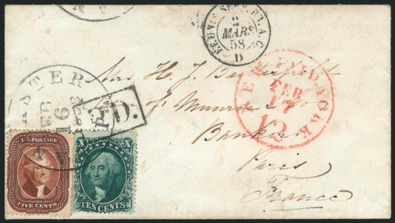 10c Green, Ty. IV (34).> Position 3R1, the <Misplaced Relief> position, used with <5c Red Brown, Ty. I (28),> tied by Lancaster Pa. Feb. 16, 1858 circular datestamp on cover <to Paris, France,> red New York
Paid 12 Feb. 17 credit datestamp, 10c
