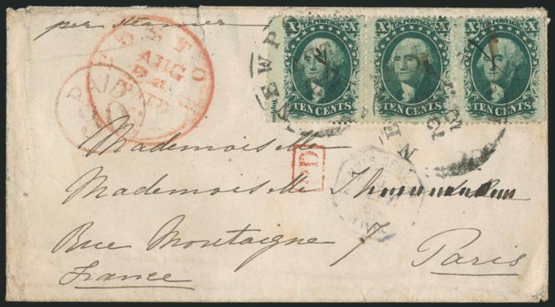 10c Green, Ty. V (35).> Horizontal strip of three with <part captured imprint at left,> each cancelled by ms. X and tied by Newport R.I. Aug. 22 circular datestamps on cover <to Paris, France,> red Boston Paid
6 Aug. 2? credit datestamp, also w
