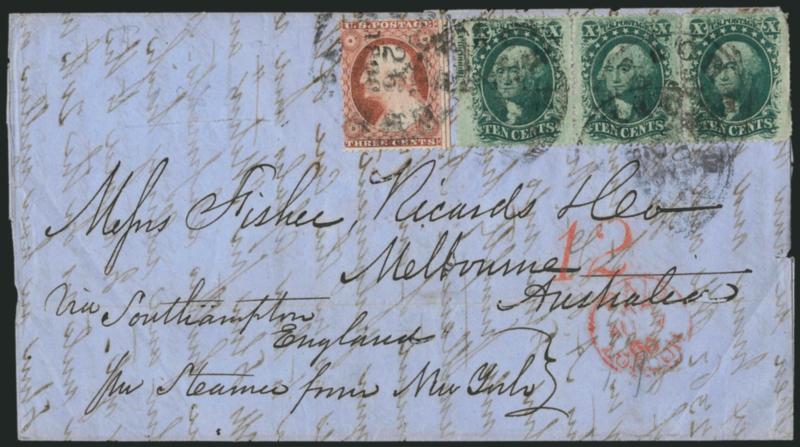 10c Green, Ty. V (35).> Horizontal strip of three with <captured imprint at left,> rich color, used with <3c Dull Red, Ty. III (26),> straddle-pane margin and centerline at right, tied by light strikes of
Richmond Va. Jul. 26, 1860 circular datesta