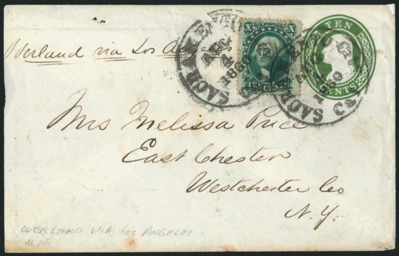 10c Green, Ty. V (35).> Choice centering, used on <10 Green on White Nesbitt entire (U15),> cancelled by Sacramento City Cal. Aug. 4, 1860 circular datestamps and used to East Chester N.Y., endorsed <<Overland
via Los Angeles,>> slightly reduced