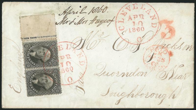 12c Black (36).> Positions 51-52L1, horizontal pair with <selvage and part imprint at left,> tied by clear strike of <red> Cleveland O. Apr. 10, 1860 circular datestamp on cover <to Loughborough, England,>
second strike at right, red 3 credit han