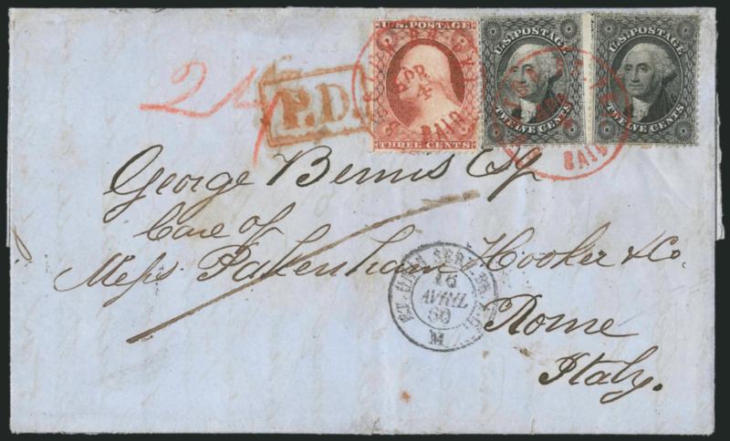 12c Black, Plate 1 (36).> Two singles, left stamp Position 60R1 with <captured imprint at right,> used with <3c Dull Red, Ty. III (26)> and tied by <red> Boston Br. Pkt. Paid Apr. 4 circular datestamps on 1860
folded letter <to Rome, Italy,> red cr