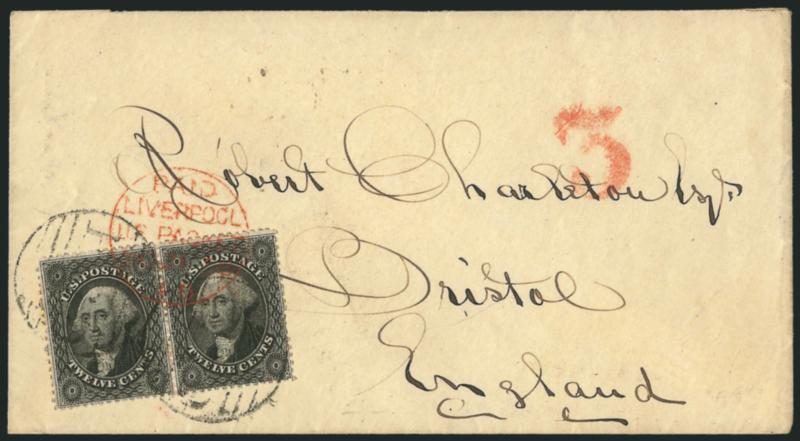 12c Black, Plate 1 (36).> Horizontal pair, intense shade and impression, tied by large Boston Paid grids on cover <to Bristol, England,> also tied by red Paid Liverpool U.S. Packet 20 DE 58 transit, red 3
credit handstamp, receiving backstamp,