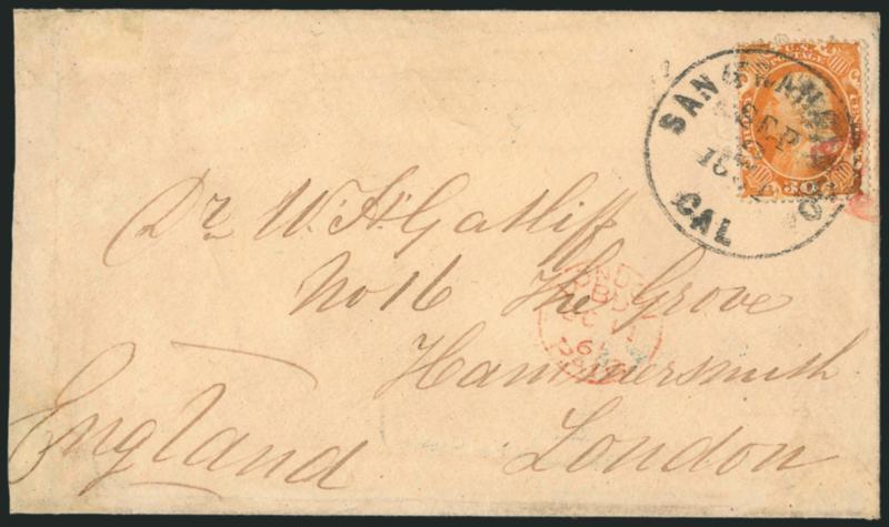 30c Orange (38).> Tied by San Francisco Cal. Sep. 2, 1861 circular datestamp on cover <to London, England,> red receiving datestamp, red credit handstamp also ties stamp, slightly reduced at left, expert edge
repairs, still Very Fine, scarce franki