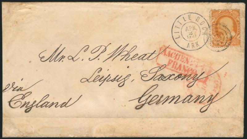 30c Orange (38).> Tied by target and by Little Rock Ark. Apr. 2, 1861 double-circle datestamp on cover <to Leipzig, Germany,> endorsed <<Via England>>, red New York transit datestamp, also with red boxed
Aachen Franco handstamp, receiving backs
